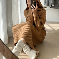 Solid Color Hooded Long Sleeve Knitted Dress - Thumbnail 8