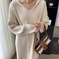 Solid Color Hooded Long Sleeve Knitted Dress - Thumbnail 2