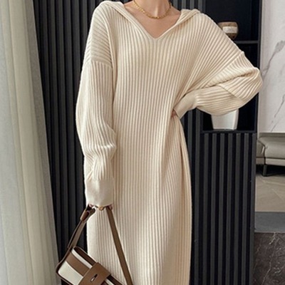 Solid color hooded long sleeve knitted dress