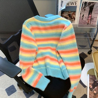 Rainbow Stripes Round Neck Buttons Up Cardigan - Thumbnail 4
