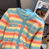 Rainbow Stripes Round Neck Buttons Up Cardigan - Thumbnail 3
