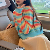 Rainbow Stripes Round Neck Buttons Up Cardigan - Thumbnail 1