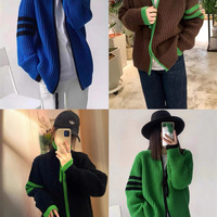 Contrast stripe splicing zipper cardigan - Thumbnail 4