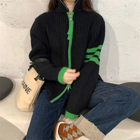 Contrast stripe splicing zipper cardigan - Thumbnail 2
