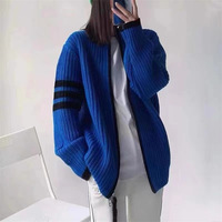 Contrast stripe splicing zipper cardigan - Thumbnail 5