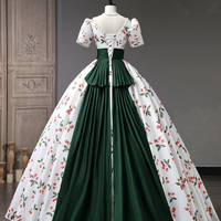 White Cherry Pattern Long Princess Prom Dress - Thumbnail 3