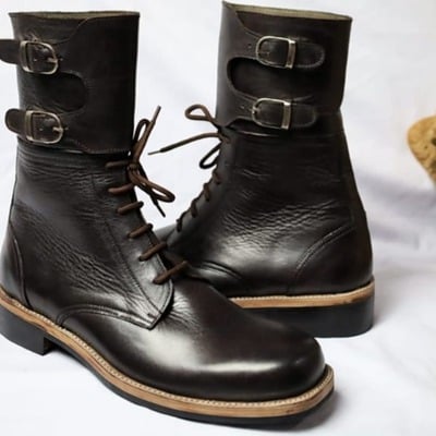 Crafted leather dark brown double buckle military ankle high long boot - Thumbnail 3