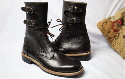 Crafted Leather Dark Brown Double Buckle Military Ankle High Long Boot