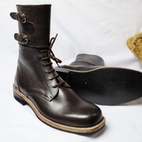 Crafted Leather Dark Brown Double Buckle Military Ankle High Long Boot - Thumbnail 1