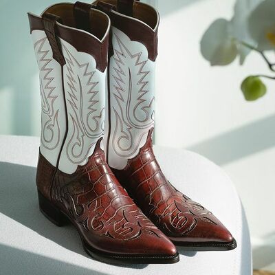 Men classic western beautiful alligator and french calf leather cowboy boot