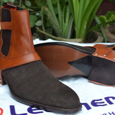 Unique brown black leather and suede buckle cowboy men boot - Thumbnail 2