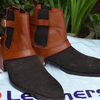 Unique Brown Black Leather and Suede Buckle Cowboy Men Boot - Thumbnail 1