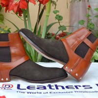 Unique Brown Black Leather and Suede Buckle Cowboy Men Boot - Thumbnail 2