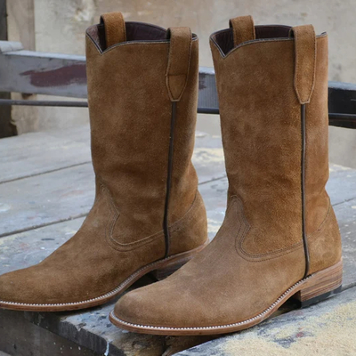 Handmade men tan suede color leather cowboy ankle high boots