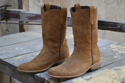 Handmade Men Tan Suede Color Leather Cowboy Ankle High Boots