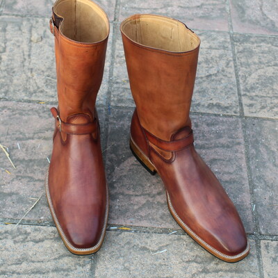 Leather house men brown leather buckle strap long cowboy military boot