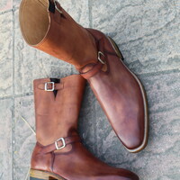 Leather House Men Brown Leather Buckle Strap Long Cowboy Military Boot - Thumbnail 2