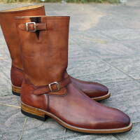 Leather House Men Brown Leather Buckle Strap Long Cowboy Military Boot - Thumbnail 3