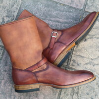 Leather House Men Brown Leather Buckle Strap Long Cowboy Military Boot - Thumbnail 4