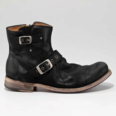 Ankle buckle strap zipper high retro leather cowboy boots for men - Thumbnail 2