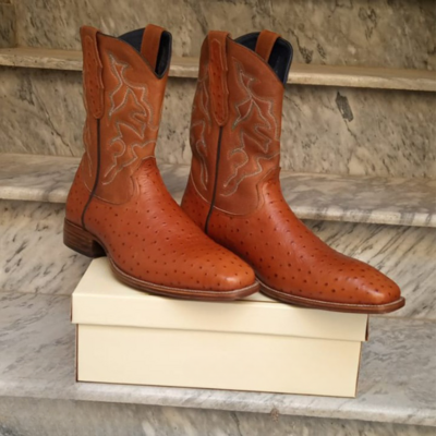 Genuine brown ostrich leather men cowboy boot - Thumbnail 2