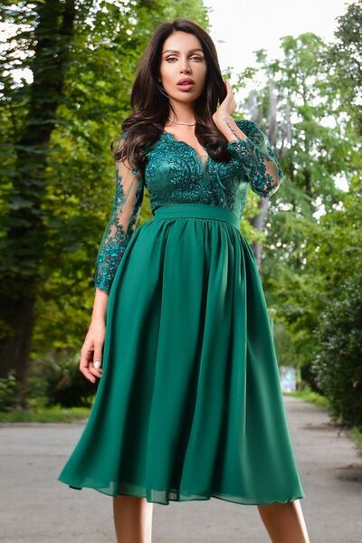 Green Tea-length 3/4 Long Sleeve Lace Prom Dress Evening Dress