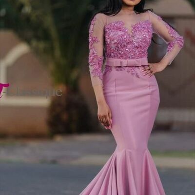 Light pink mermaid lace long sleeve prom dress evening dress - Thumbnail 3