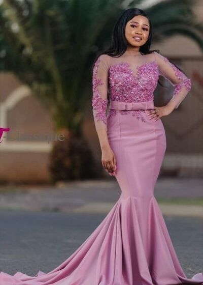 Light Pink Mermaid Lace Long Sleeve Prom Dress Evening Dress