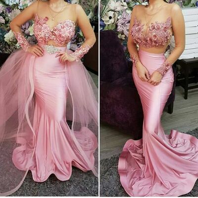 Pink mermaid lace appliques with detachable train prom dress evening gowns - Thumbnail 4