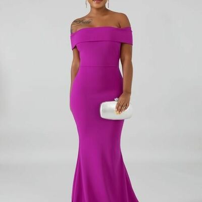 Hot pink fuchsia mermaid off the shoulder prom dress evening gowns - Thumbnail 3