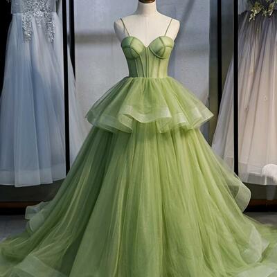 Fluorescent princess green strapless tulle prom dress evening dress
