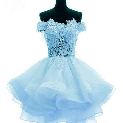 Light blue organza lace short prom dress with flower