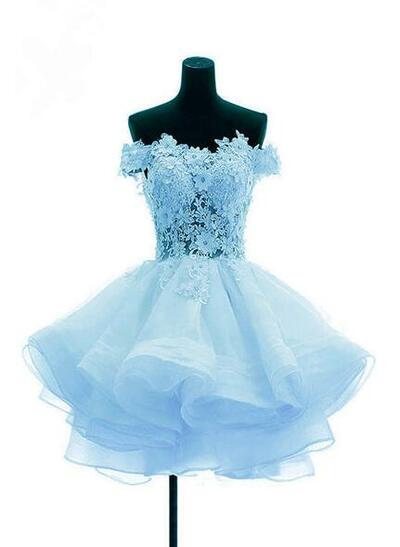 Light Blue Organza Lace Short Prom Dress With Flower