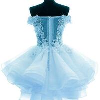 Light Blue Organza Lace Short Prom Dress With Flower - Thumbnail 1