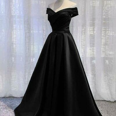 Off shoulder long black satin evening dress formal dress