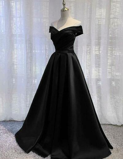 Off Shoulder Long Black Satin Evening Dress Formal Dress