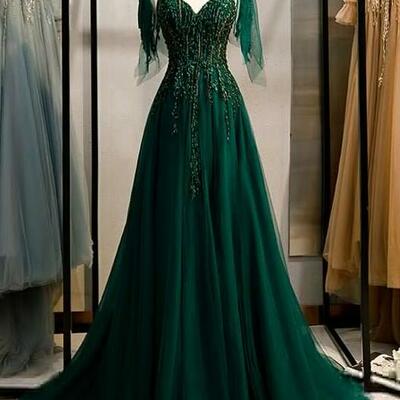 Beautiful a-line green chiffon beading prom dresses