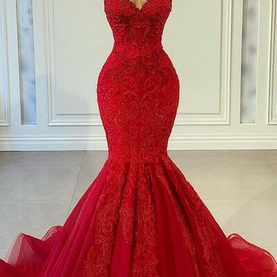 Fashion modern red sleeveless mermaid prom dresses