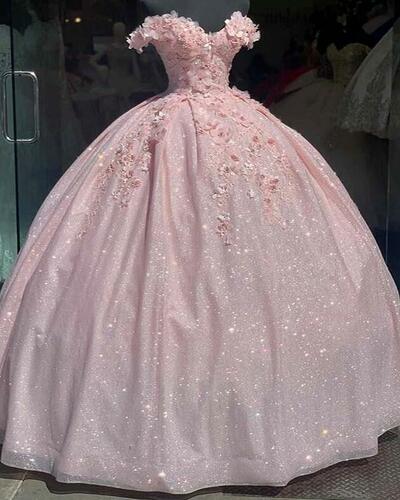Sweetheart Glitter Pink Ball Gown Sequin Prom Dress 