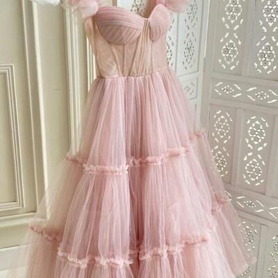 Charming pink tulle short prom dresses 