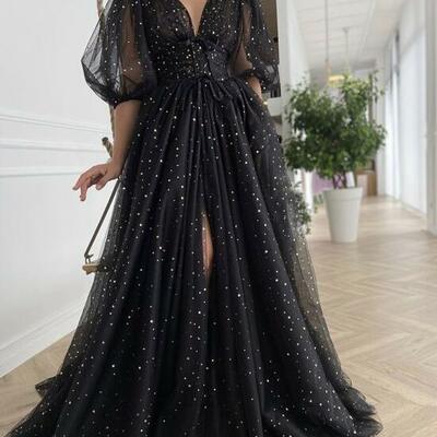 Beautiful mermaid black v neck long prom dresses - Thumbnail 4