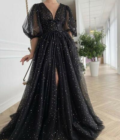 Beautiful Mermaid Black V Neck Long Prom Dresses