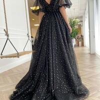 Beautiful Mermaid Black V Neck Long Prom Dresses - Thumbnail 1