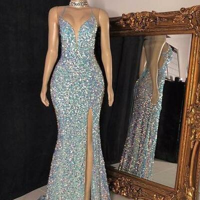 Mermaid sequins sleeveless split prom dresses