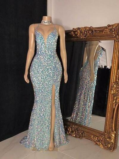 Mermaid Sequins Sleeveless Split Prom Dresses
