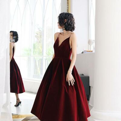 A line burgundy velvet short prom dress homecoming dress