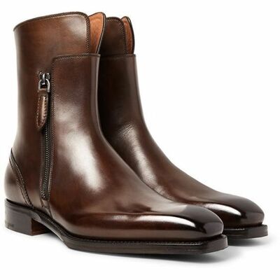 Handmade dark brown zipper  mens grey genuine leather  shoes - Thumbnail 4