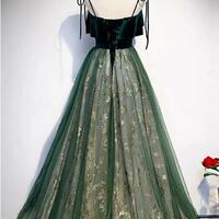 Spaghetti Straps Tulle Lace Up Back Formal Green Prom Dresses,573 - Thumbnail 1