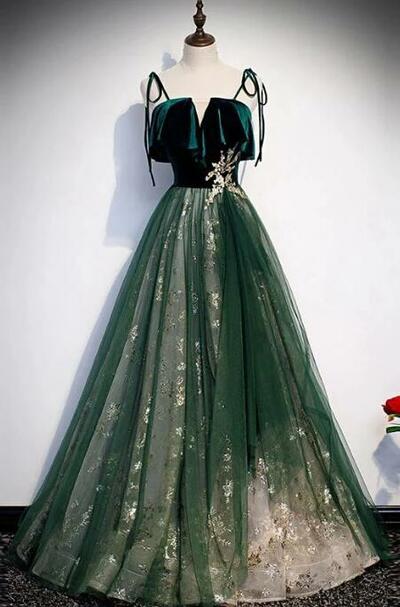 Spaghetti Straps Tulle Lace Up Back Formal Green Prom Dresses,573