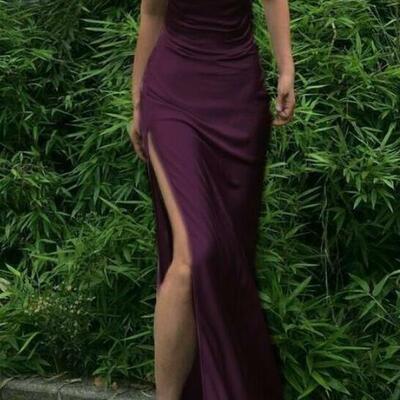 Simple a line purple silk satin prom dress with split
